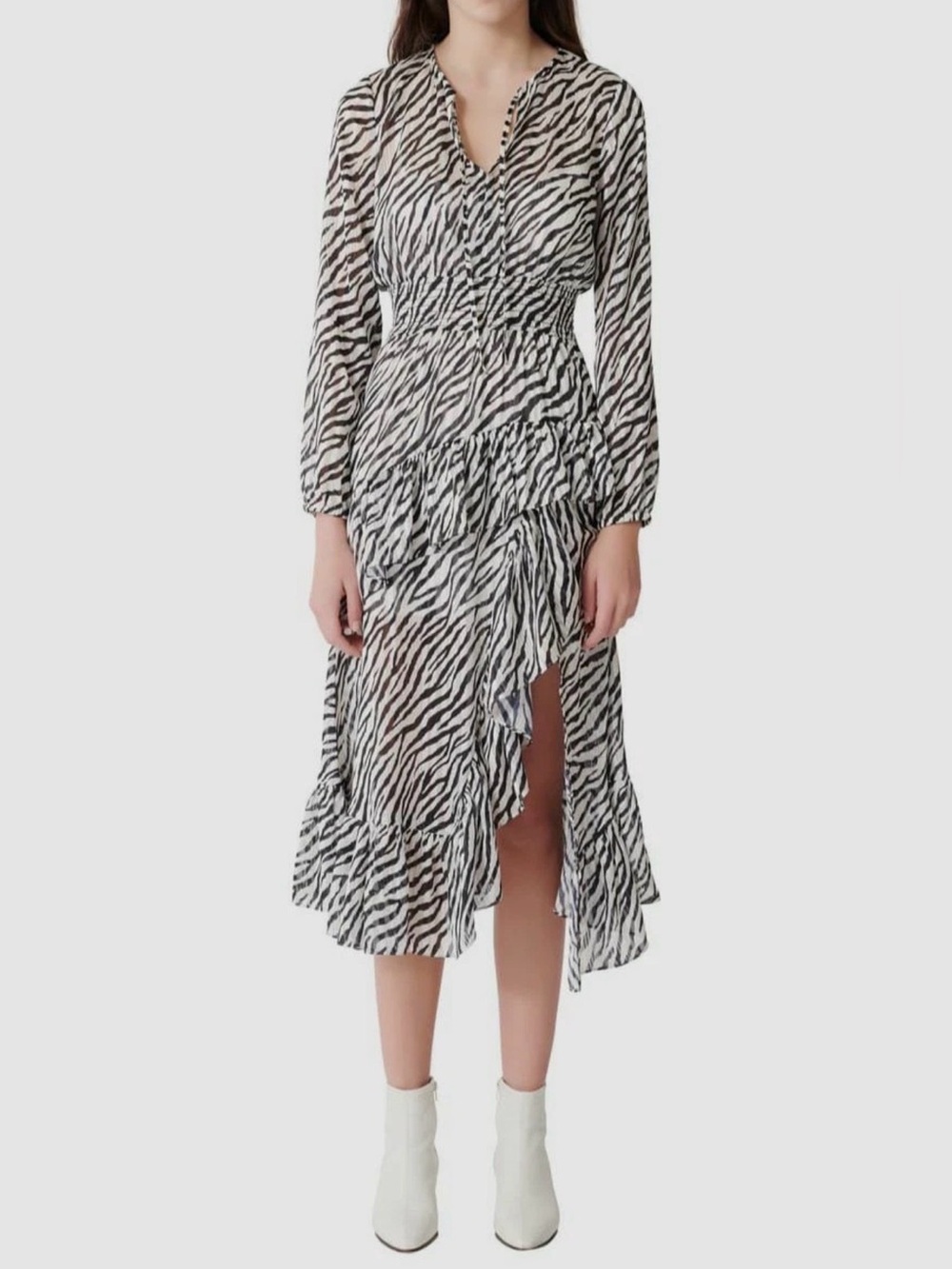 MAJE Ribou Asymmetric Ruffled Metallic Zebra Maxi Dress Size 36